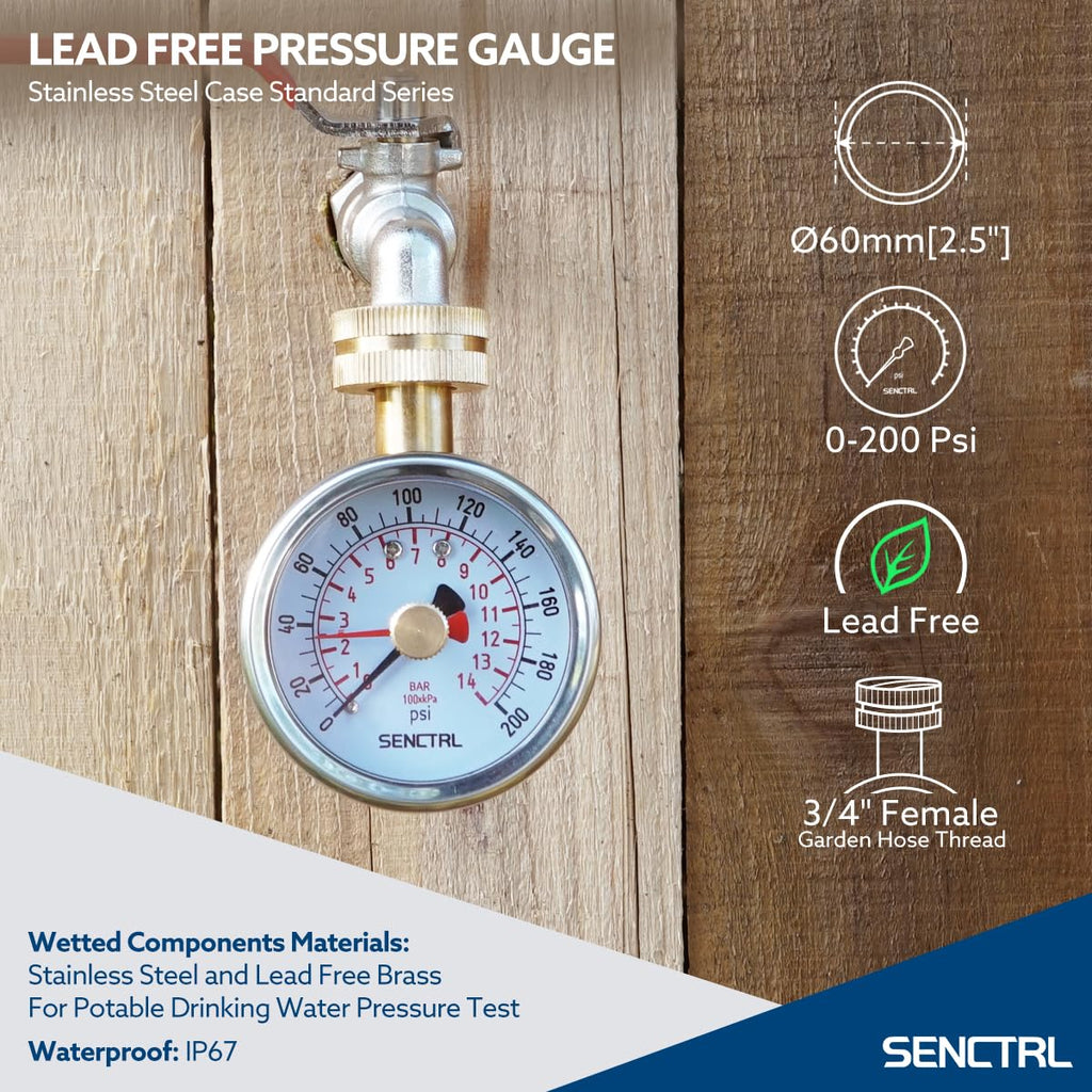 SENCTRL 0-100 psi Water Pressure Gauge Test with Lazy Hand, Lead-Free, 2-1/2" Dial Size, 3/4" Female Garden Hose Thread, IP67 Waterproof, Stainless Steel Case, for Home Potable Water, House Tube