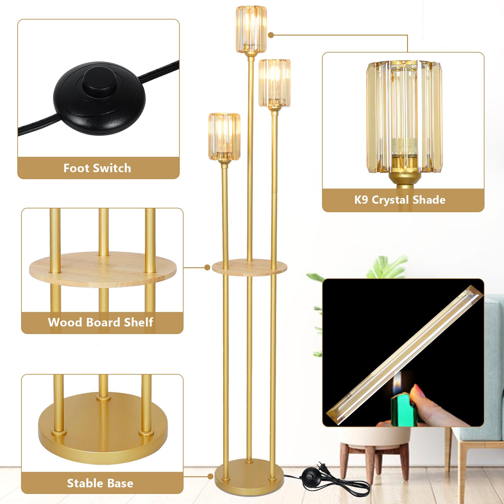 HMVPL Gold Floor Lamps for Living Room, Modern Floor Lamp with Shelves, Crystal Standing Lamps with Table, Brass Tall Lamp with Crystal Shade, On/Off Switch, Mid Century Corner Floor Lamp for Bedroom