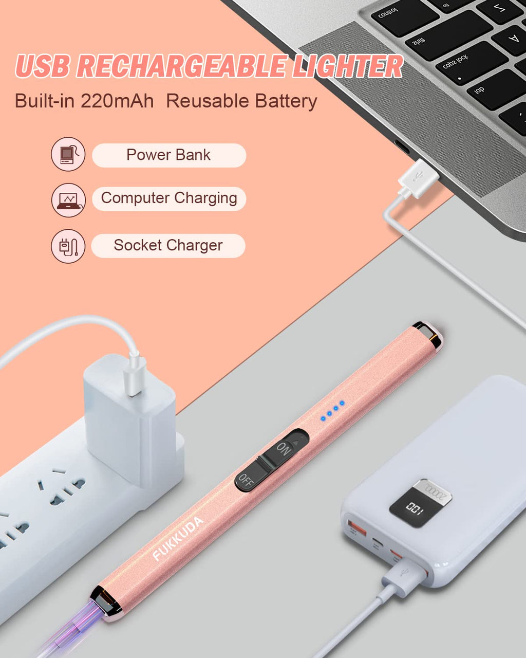 FUKKUDA Electric Candle Lighter with Safety Switch - USB Rechargeable Windproof & Flameless Plasma Arc Lighter for Easter Basket Stuffers (Rose Gold)