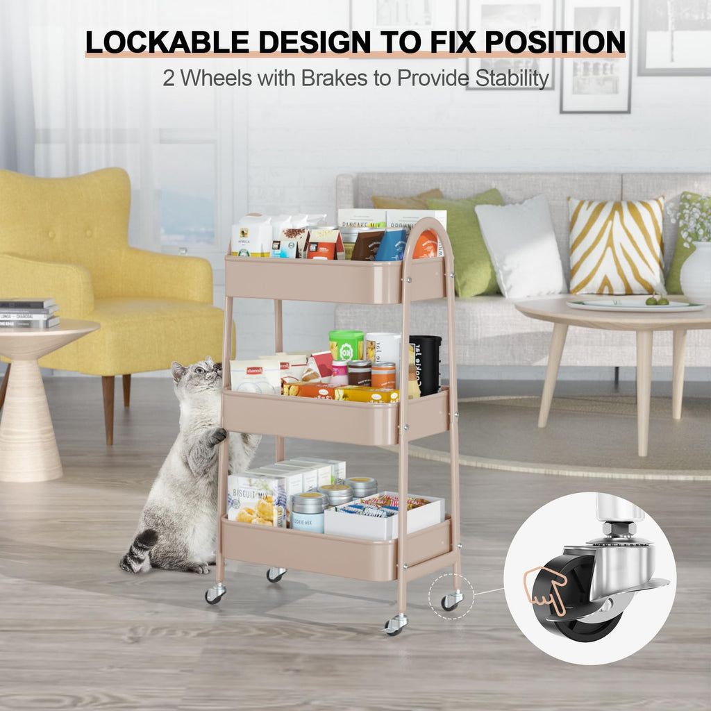 EAGMAK 3 Tier Rolling Cart, Large Metal Storage Cart with Handle and Lockable Wheels, Big Multifunctional Storage Organizer Trolley with Mesh Baskets for Kitchen, Living Room, Office, Garage (Beige)