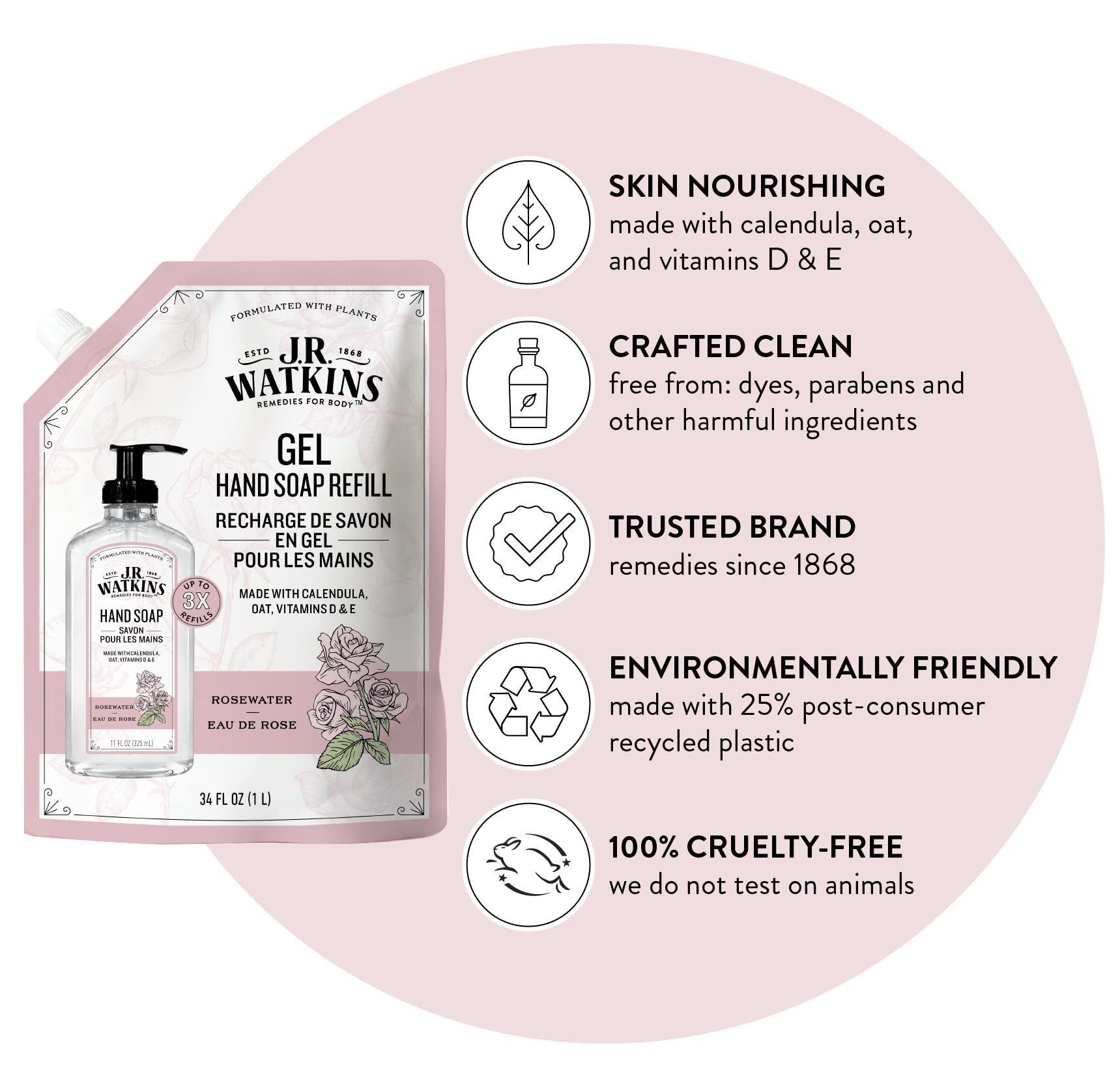 J.R. Watkins Gel Hand Soap Refill, Moisturizing Hand Wash, Formulated with Plant-Based Cleansers, Alcohol-Free, Cruelty-Free, Aloe & Green Tea, 34 Fl Oz, 2 Pack