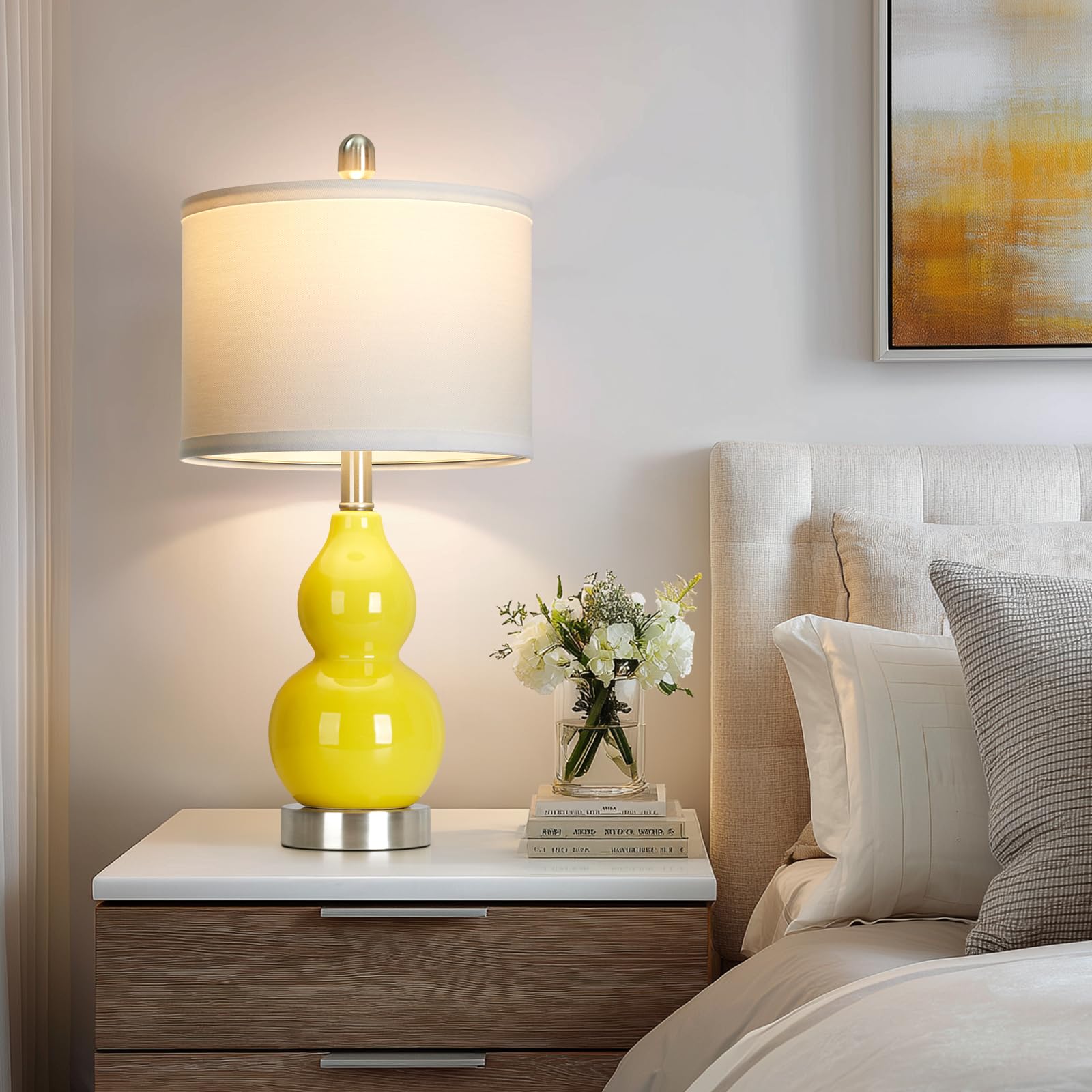 Rinweey Double Gourd Ceramic Table Lamps Set of 2, Modern Blue Bedside Lamps for Night Stand, Contemporary Nightstand Lamps for Bedroom Living Room (Bulb Included)