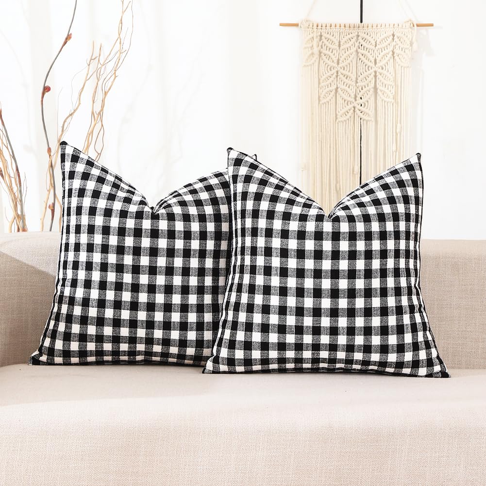 CARRIE HOME Black and White Buffalo Plaid Outdoor Pillow Covers 16x16 Set of 2, 16 x 16 Modern Farmhouse Decor Couch Pillows, Black White Winter Christmas Holiday Plaid Pillows (No Pillow Inserts)