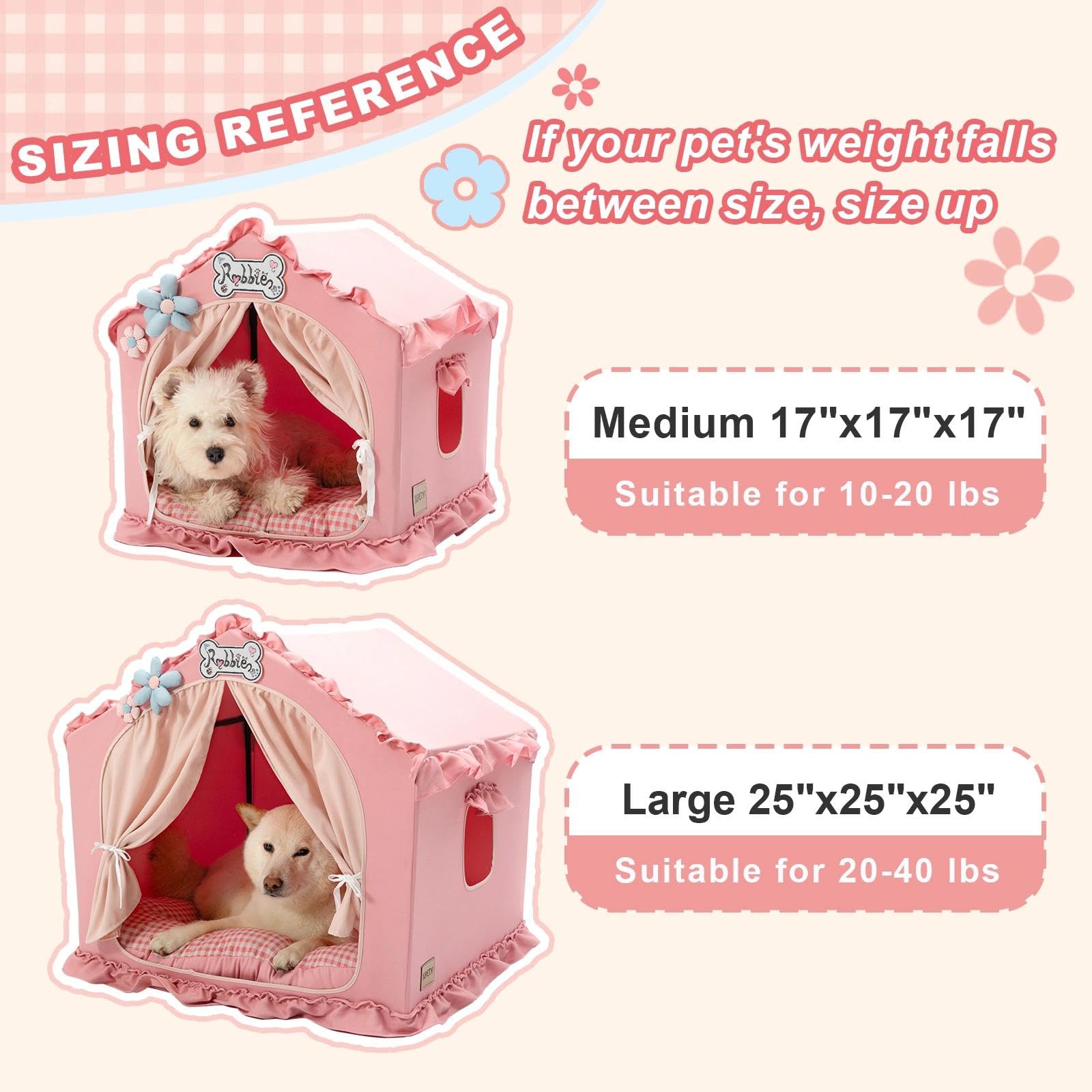 Jiupety Indoor Dog House with Frame, Cute Dog Tent Bed with Cover Cave, Breathable, Washable, and Foldable House, Suitable for 10-20 Lb Puppy and Cats, Medium (17"×17"×17"), Beige