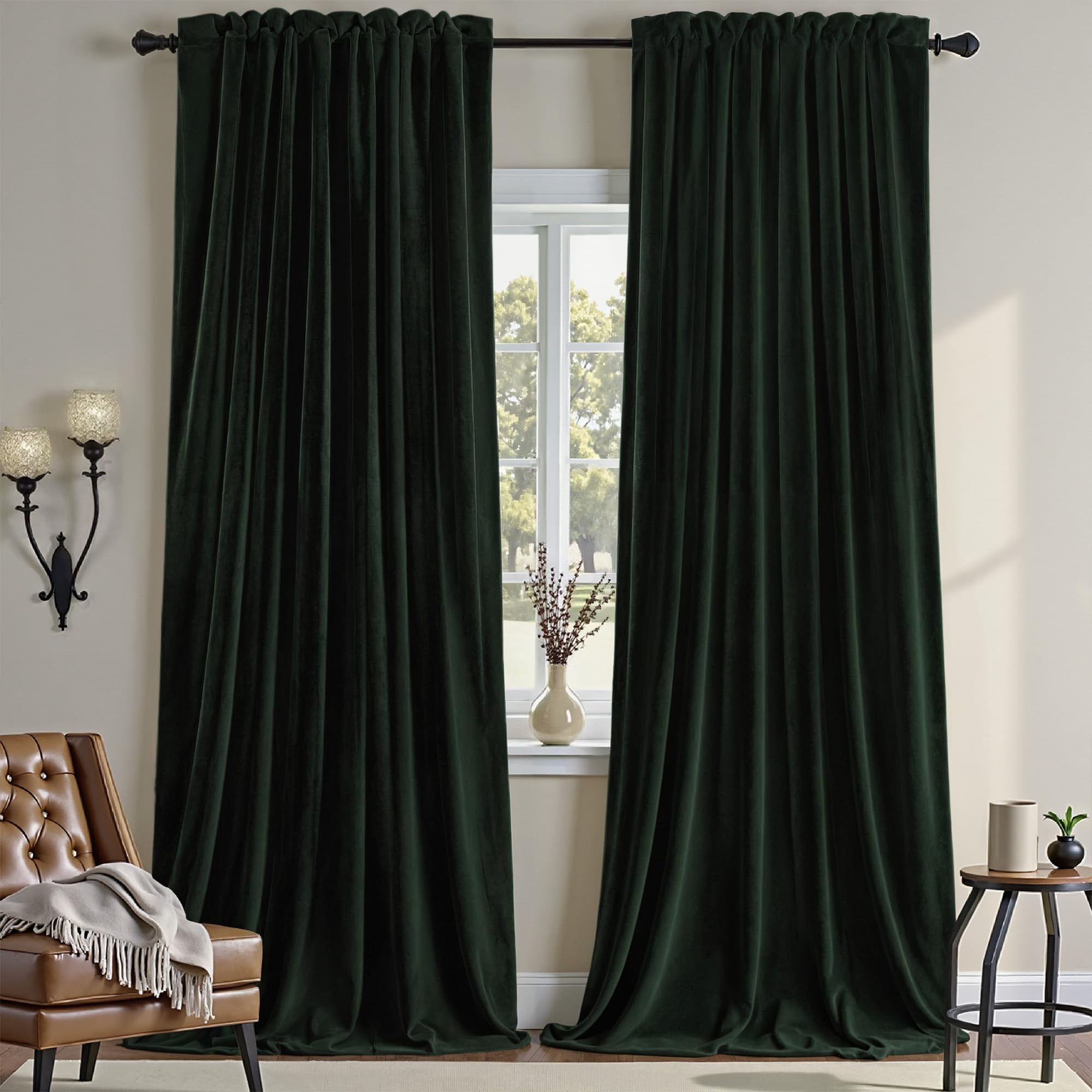 Nemia Dark Green Velvet Curtains Thermal Insulated Blackout Curtain for Bedroom Window Living Room Darkening Luxury Vintage 63 Inches Long Heavy Drapes Panels Rod Pocket Set of 2