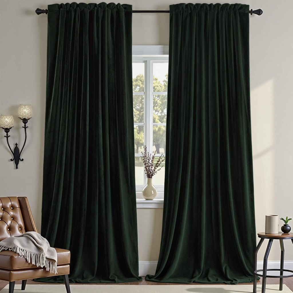 Nemia Dark Green Velvet Curtains Thermal Insulated Blackout Curtain for Bedroom Window Living Room Darkening Luxury Vintage 63 Inches Long Heavy Drapes Panels Rod Pocket Set of 2