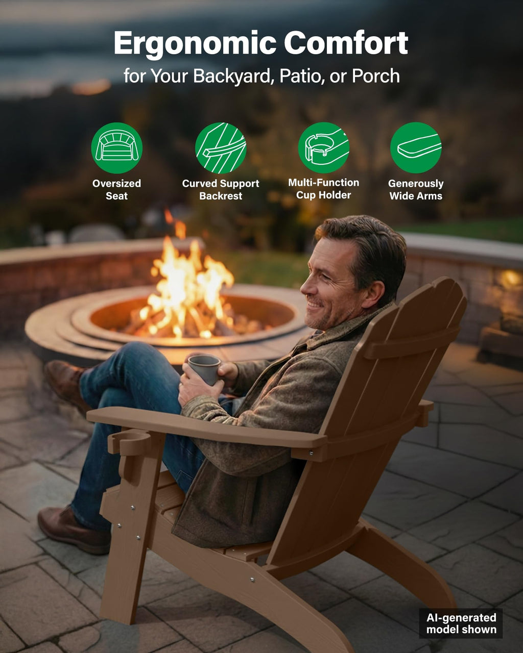 YEFU Oversized Plastic Adirondack Chair Set of 2 with Cup-Holder (Large Dual-Purpose), Weather Resistant, Poly Lumber Outdoor Chairs Duty Rating Widely Used in Patio, Lawn, Outside, Deck Chairs-Black
