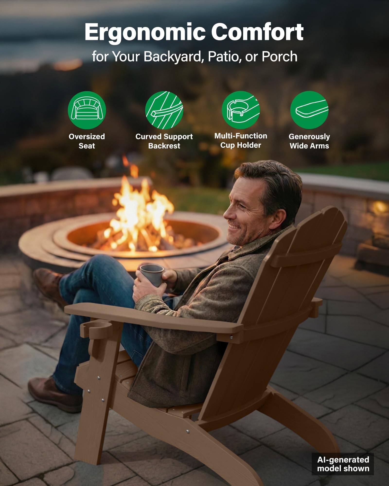 YEFU Oversized Plastic Adirondack Chair Set of 2 with Cup-Holder (Large Dual-Purpose), Weather Resistant, Poly Lumber Outdoor Chairs Duty Rating Widely Used in Patio, Lawn, Outside, Deck Chairs-Black
