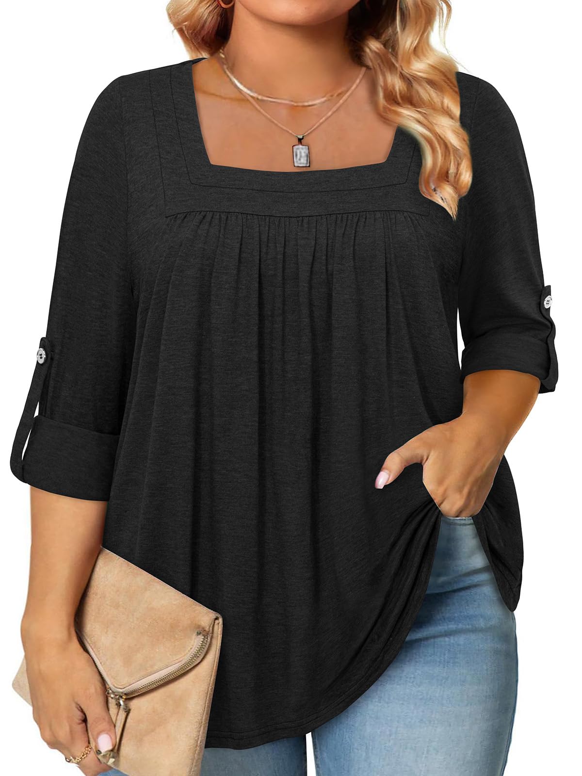 Siddhe Womens Plus Size Tops Loose Fit 3/4 Ruffle Sleeve Blouses Square Neck T Shirt Casual Tunic Tops(1X-5X)