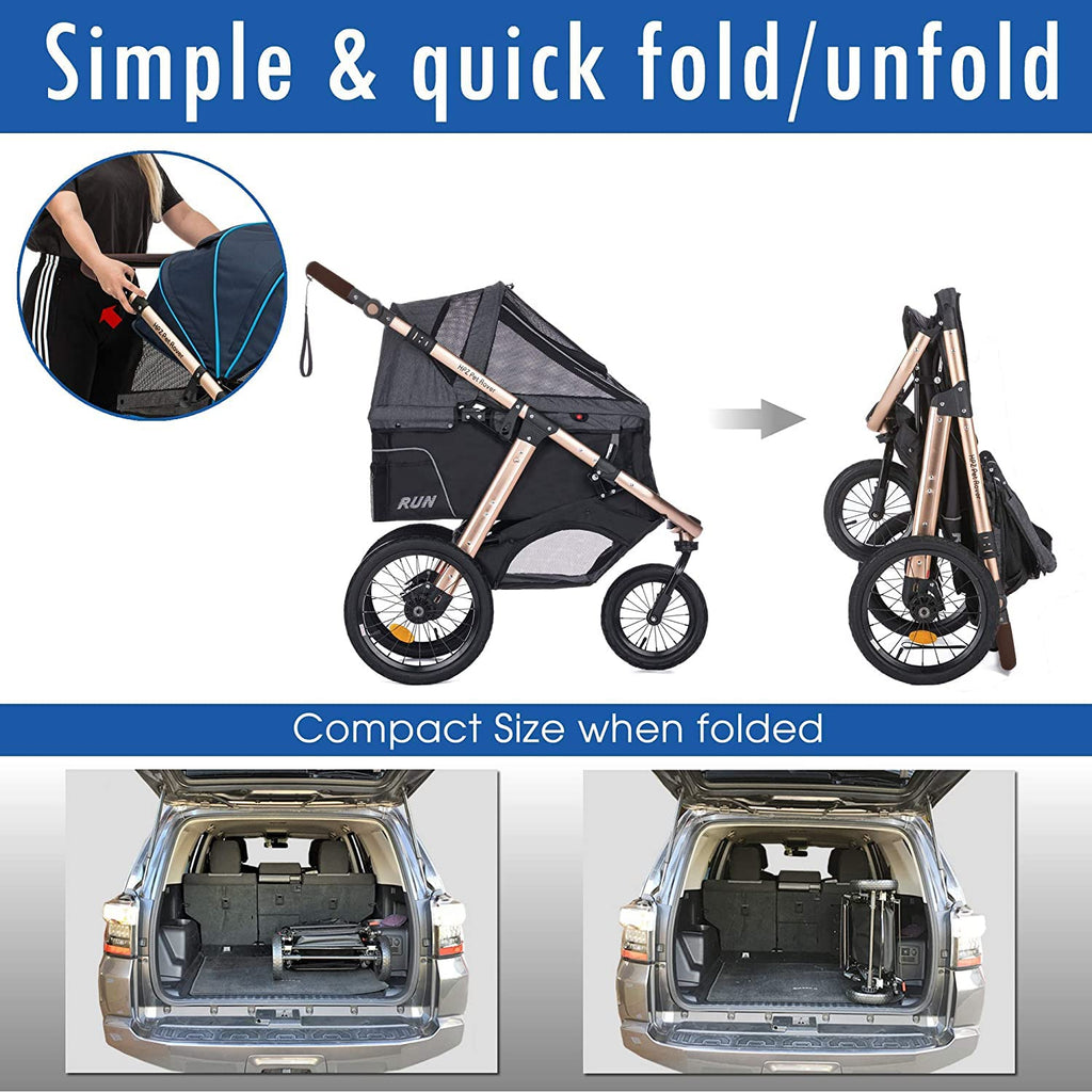 HPZ Pet Rover Run Performance Jogging Sports Stroller with Comfort Rubber Wheels/Zipper-Less Entry/1-Hand Quick Fold/Aluminum Frame for Small/Medium Dogs, Cats and Pets (Black)
