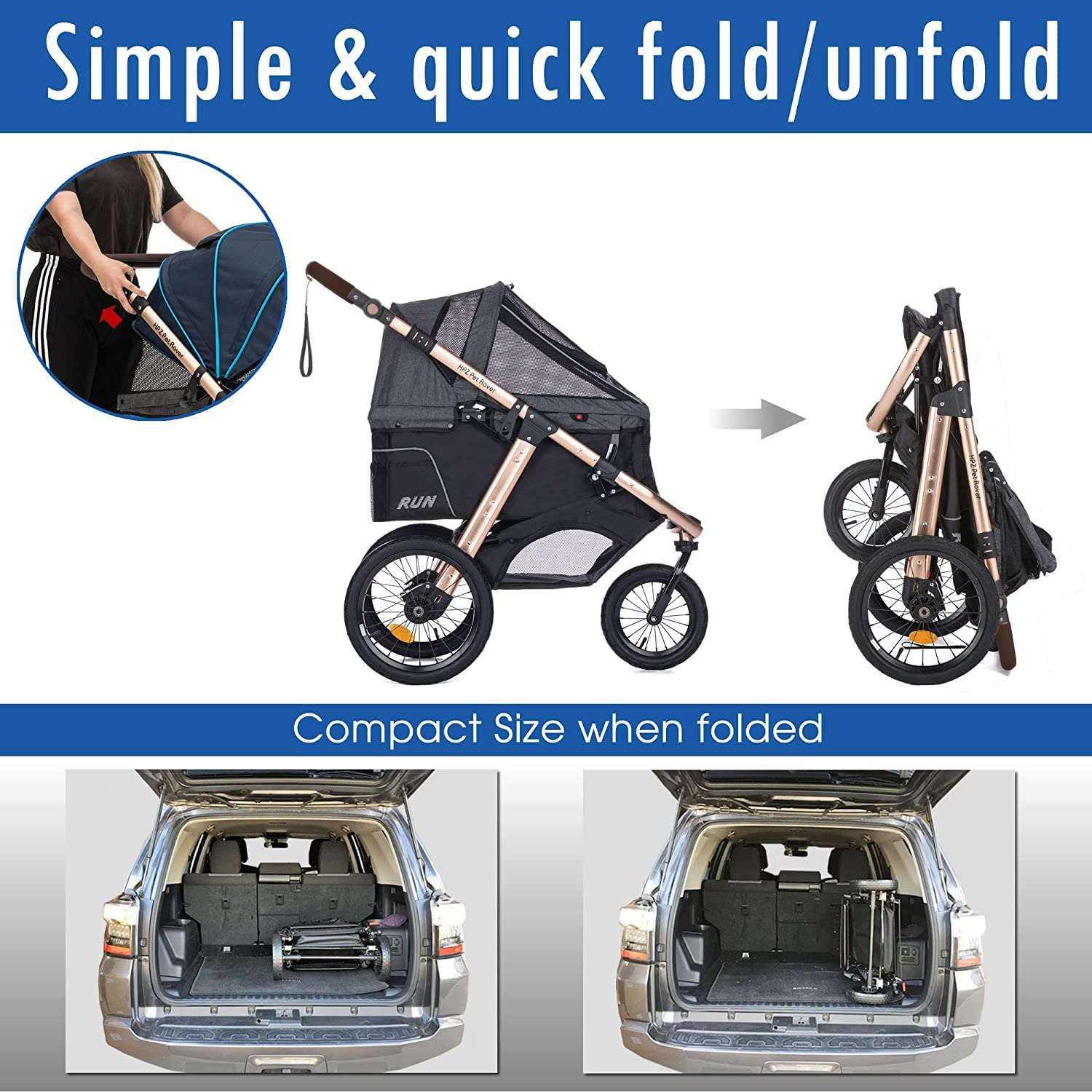 HPZ Pet Rover Run Performance Jogging Sports Stroller with Comfort Rubber Wheels/Zipper-Less Entry/1-Hand Quick Fold/Aluminum Frame for Small/Medium Dogs, Cats and Pets (Black)