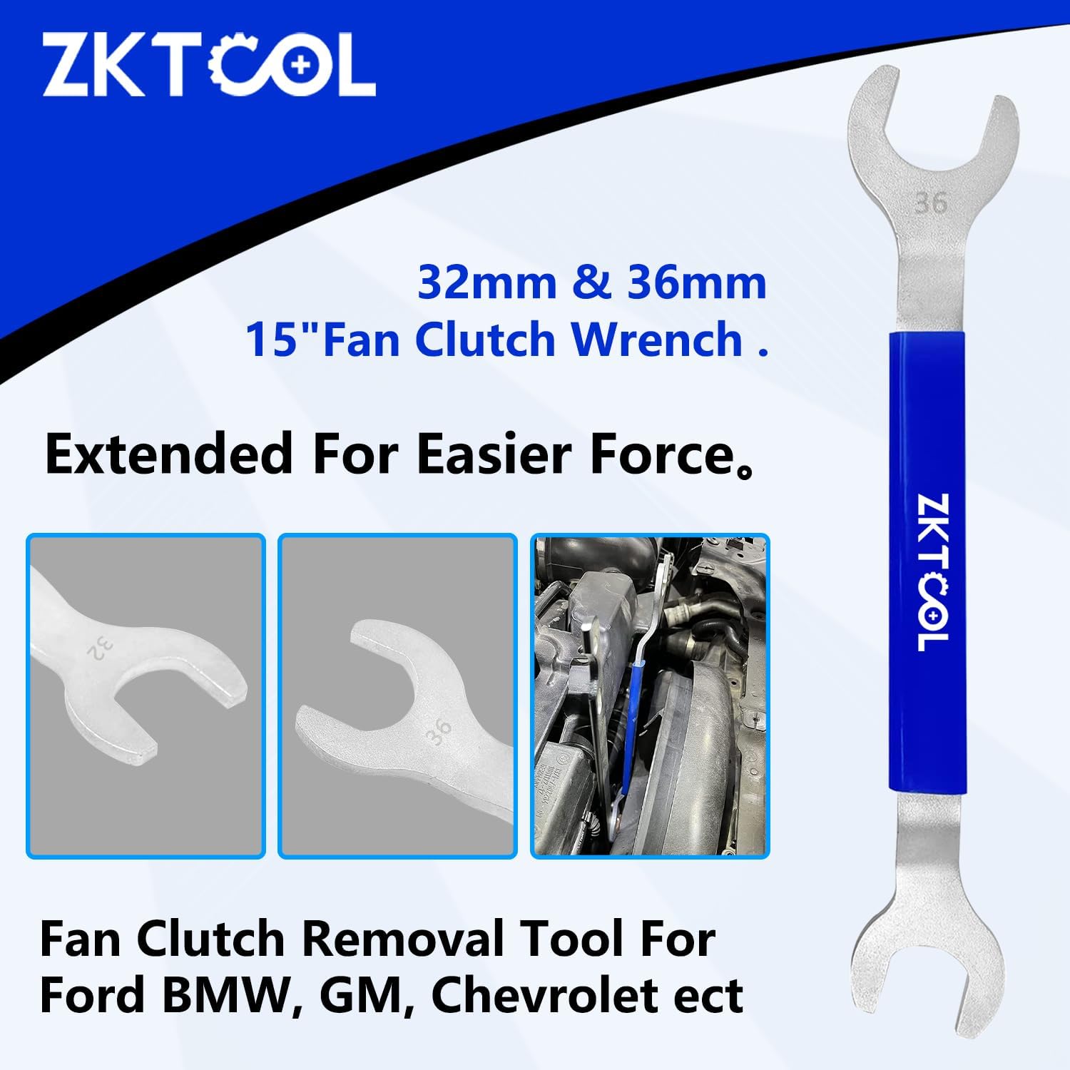 ZKTOOL Fan Clutch Wrench Set,32mm & 36mm Clutch Fan Tool Wrench,Water Pump Pulley Holder Removal Tool For BMW, Ford, GM, dodge,Chevrolet,jeep Fan Clutch Removal Kit,Water Pump Holder.
