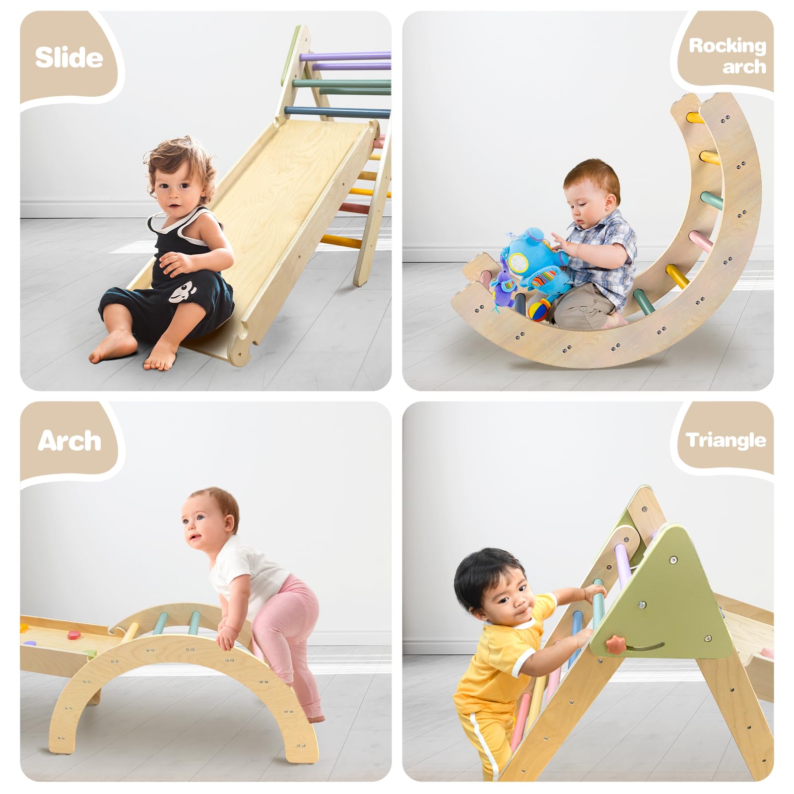 LOL-FUN Pikler Triangle Set with Slide for Toddler 1-3, Montessori Climbing Toys for 1 Year Old, Toddler Climbing Toys Indoor Pickler Climbing Set, Foldable Wooden Climber Jungle Gym for Kids