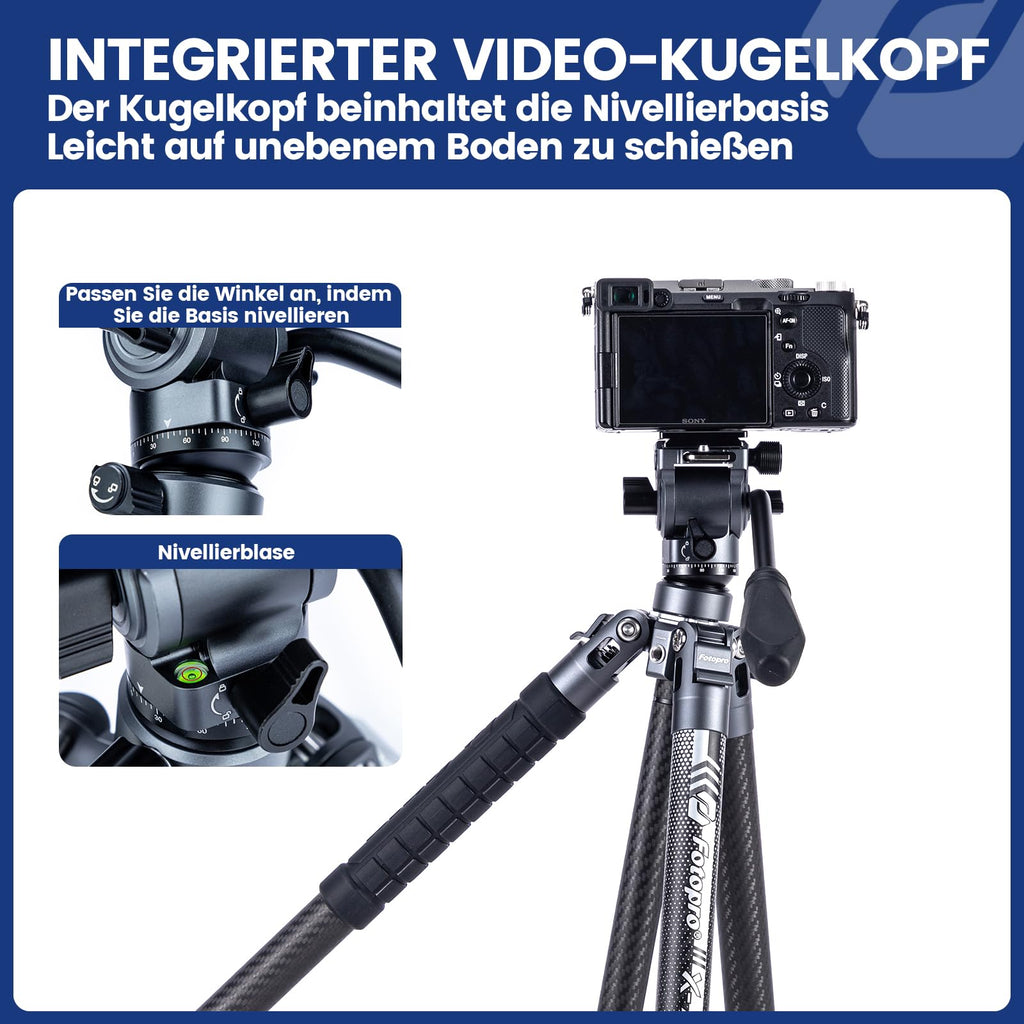 Fotopro 60" Camera Tripod, Carbon Fiber Travel Tripod with 360° Ball Head, Ultralight 2.1lbs, 22lbs Load, Quick Lock, Folds to 14.3" Carry-On, for DSLR Mirrorless Cameras, X-Aircross 3 Blue