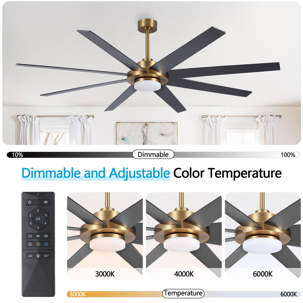 WINGBO 60" Ceiling Fan with Light and Remote Control, 6 Speed Reversible DC Motor, Dimmable LED Light, for Home and Commercial Use, Living Room/Shop/Warehouse Black/Walnut