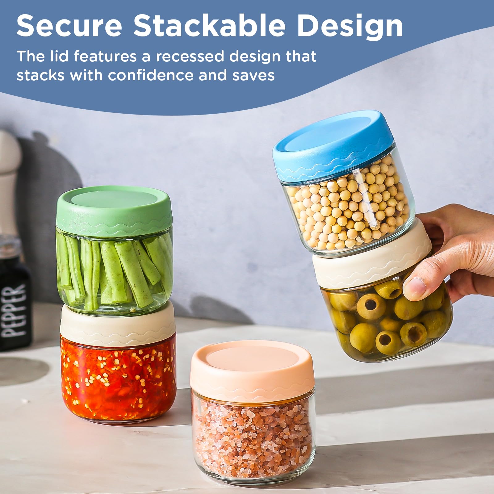 DRKIO 10 Oz Overnight Oats Containers with Lids - 4 Pack Glass Storage Jars with Airtight Lids Wide Mouth Mason Food Jars Great for Meal Prep Salad Chia Pudding Snacks Yogurt Sugar Spice Cereal