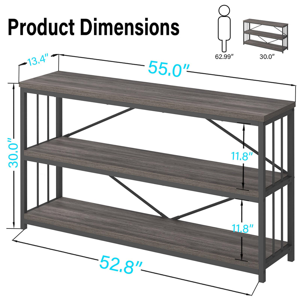 LVB Black Console Table, Modern Entryway Table for Hallway Living Room, Industrial Sofa Table Behind Couch, Farmhouse Wooden Metal Entry Table for Foyer with 3-Tier Storage Shelves, Black Oak, 55 Inch