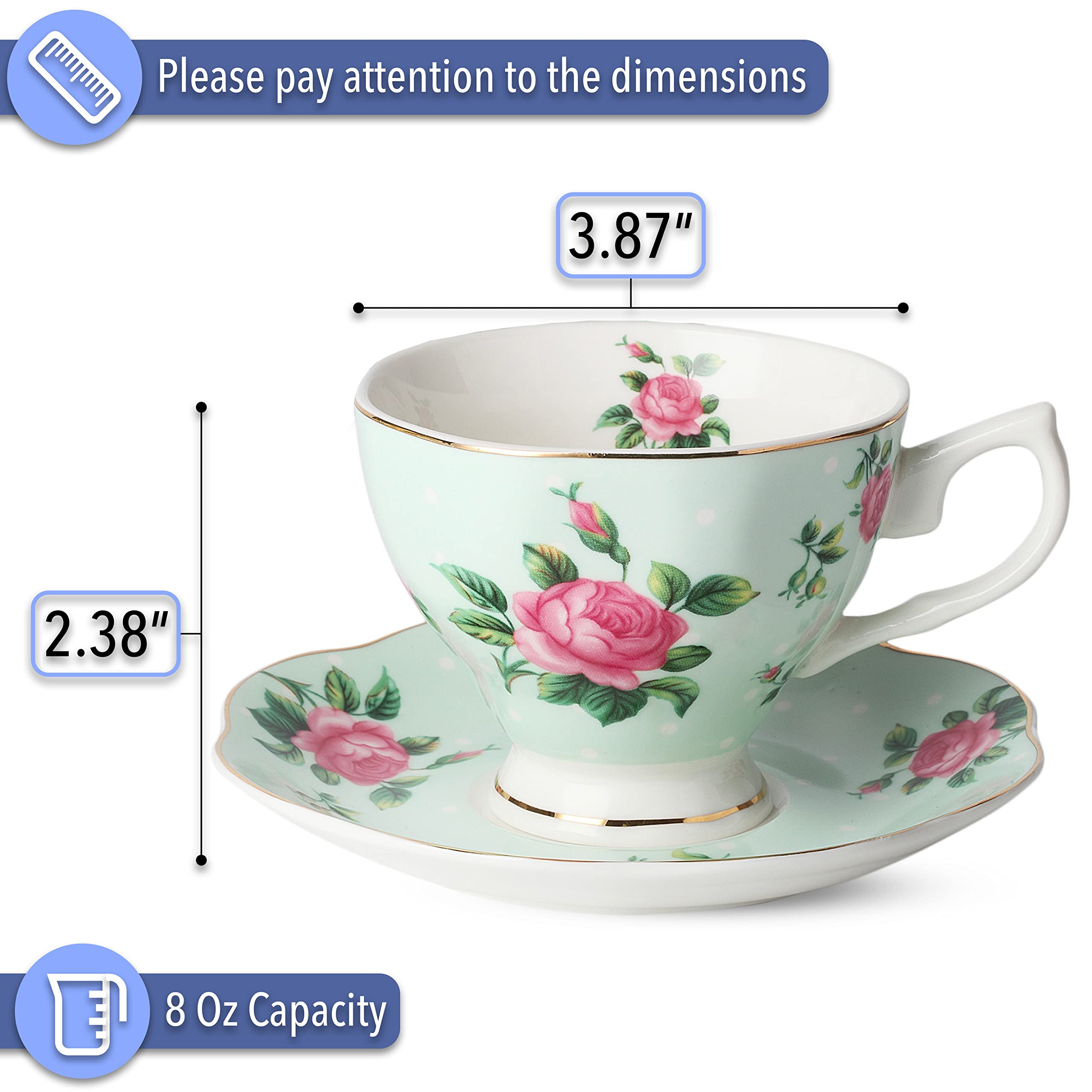 BTaT- Tea Cups and Saucers, Set of 6 with Spoon, 8 oz, Fine Porcelain Teacup Set with Gold Trim for Afternoon Tea, Weddings, Parties & Gifting, Dishwasher Safe, Lightweight, Non-Toxic