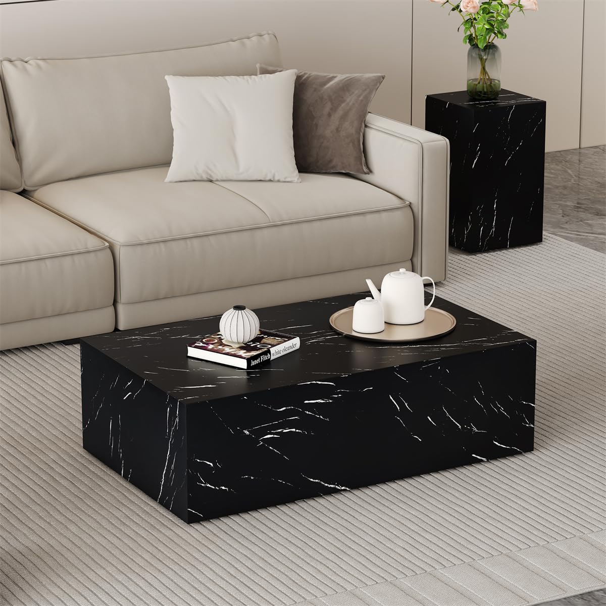 Round Coffee Table, 23.6" Modern Grey Faux Marble Drum Coffee Table, Round Accent Center Table for Living Room Apartment Small Spaces, No Assembly Required