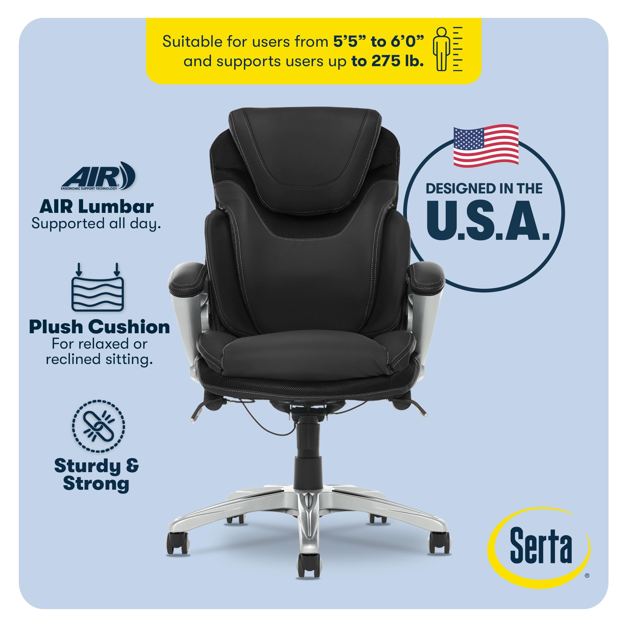Serta Bryce Executive Office Chair - Ergonomic Computer DeskChair with Lumbar Technology - Adjustable Height - Memory Foam Body Pillows - 360° Swivel Rolling Base - Bonded Leather - Black