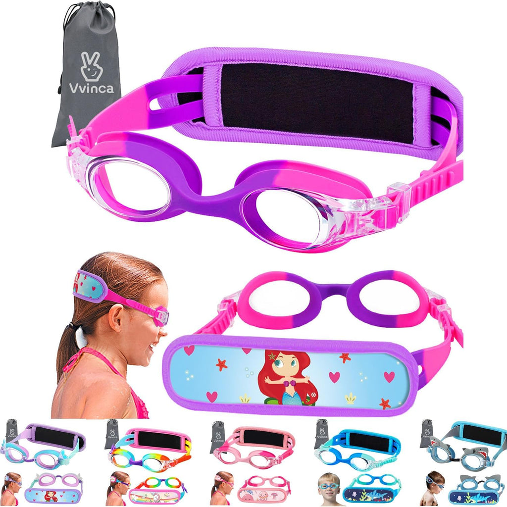 Vvinca Kids Swim Goggles with Fabric Strap No Tangle Pain-Free, Anti-Fog Swimming Pool Goggle No Leak for Toddlers Girls Boys