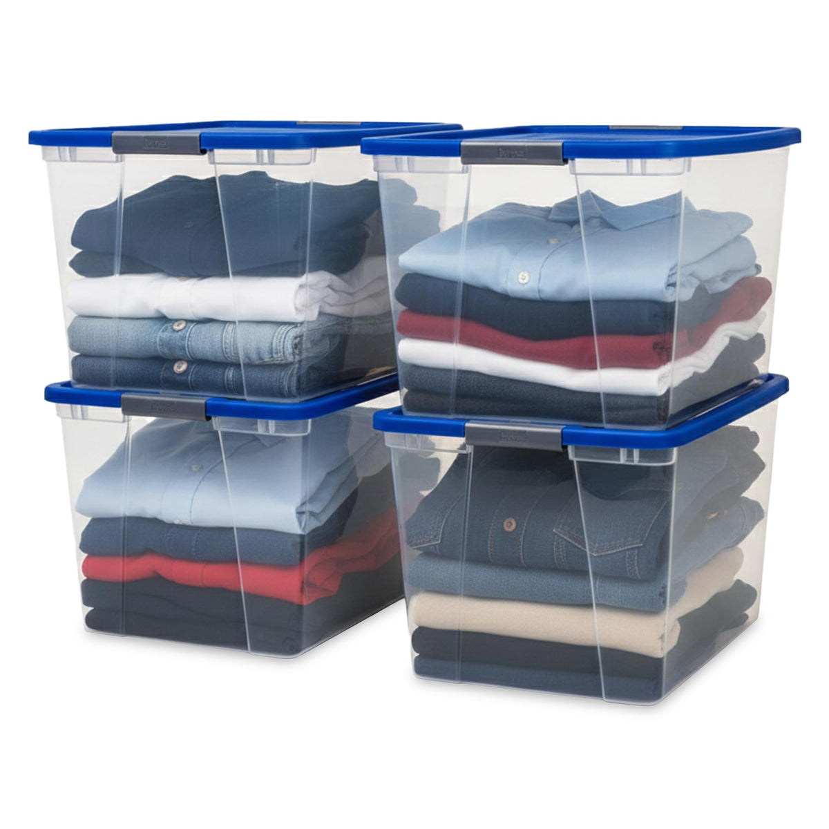 HOMZ 4-Pack Secure Latch, Clear Plastic Storage Organizer Bins, 15 Quart, Gray Lid - Stackable Container Boxes for Bedroom, Bathroom, Garage, and Office Organization