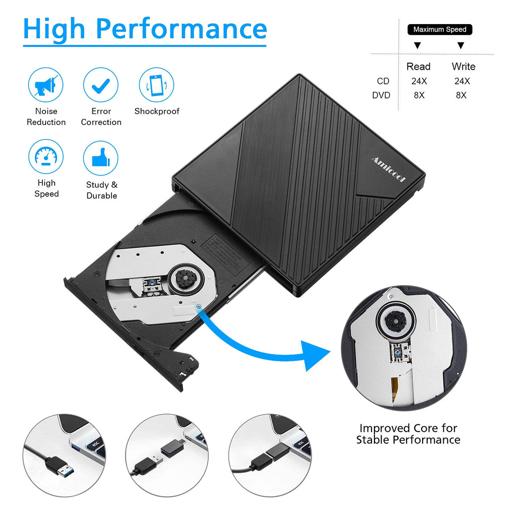 Amicool External USB-C USB 3.0 CD/DVD Drive Burner +/-RW, Ultra-Slim Portable DVD Player Writer Reader for Mac iMac MacBook, Windows 11/10/8 Linux, Laptop Desktop PC Computer Optical Drive