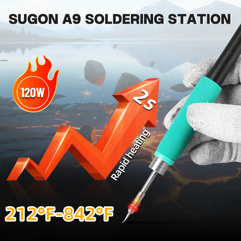 SUGON A9 210 Precision Soldering Stations 120W， LCD Display Digital Soldering Iron Kit,2 Seconds Fast Heating up 716℉, 3 Temperature Storage,212℉-842℉, ℃/℉,ESD,Quick Change Soldering Iron Tips Holder
