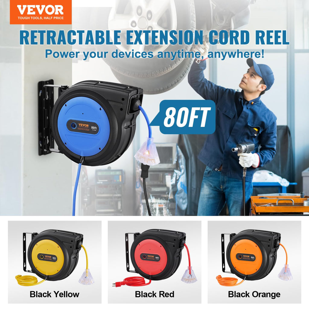 VEVOR Retractable Extension Cord Reel, 30 FT, Heavy Duty 16AWG/3C SJTOW Retractable Power Cord Reel with Lighted Triple Tap Outlet 10 Amp Circuit Breaker 4.5FT Lead-in Cord, for Ceiling or Wall Mount