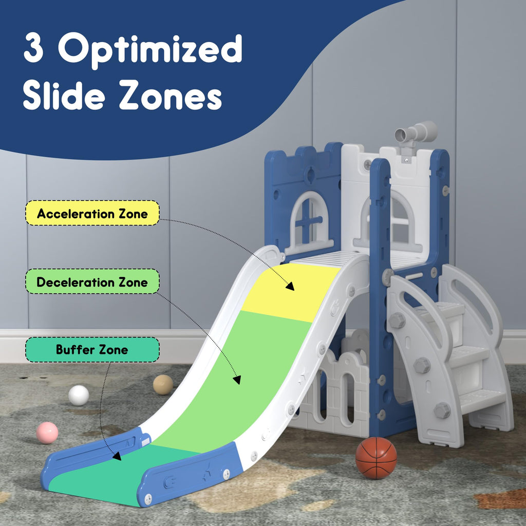 LulliSpace 6 in 1 Toddler Slide,Kids Playset for Toddlers Indoor Outdoor, Baby Slide with Basketball Hoop, Telescope & Storage Space,Non-Slip Steps for Great Gift