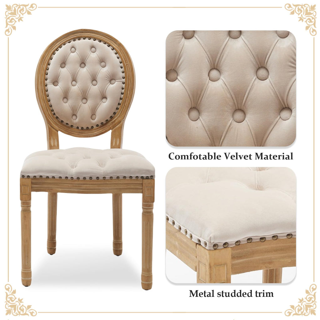 SoarFlash Linen French Dining Chairs Set of 2, Vantage Dining Chair with Round Back, Wood Leg Farmhouse Country Dining Chair for Living Room,Kitchen,Bedroom,Beige