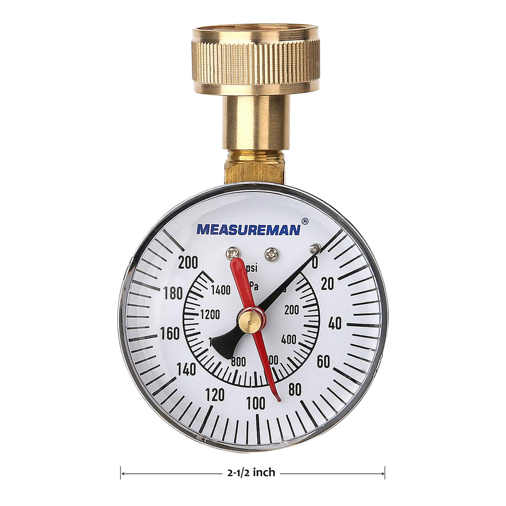 MEASUREMAN 2" Water Pressure Test Gauge, 3/4" Female Hose Thread, 0-200 psi/kpa with Maximum Pressure Memory (Pack of 2)