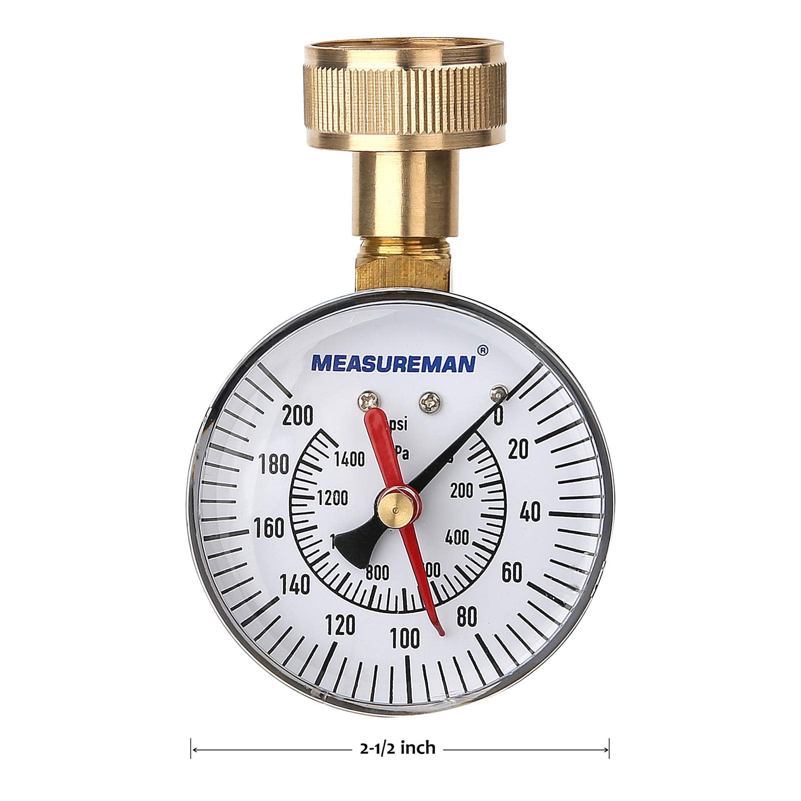 MEASUREMAN 2" Water Pressure Test Gauge, 3/4" Female Hose Thread, 0-200 psi/kpa with Maximum Pressure Memory (Pack of 2)