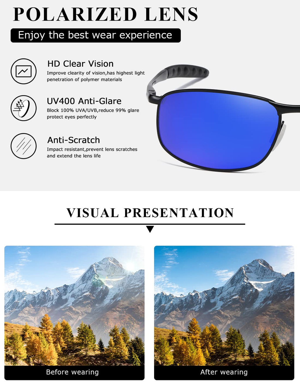 AEVOGUE Polarized Sunglasses For Men Rectangle Metal Frame Retro Sun Glasses AE0395