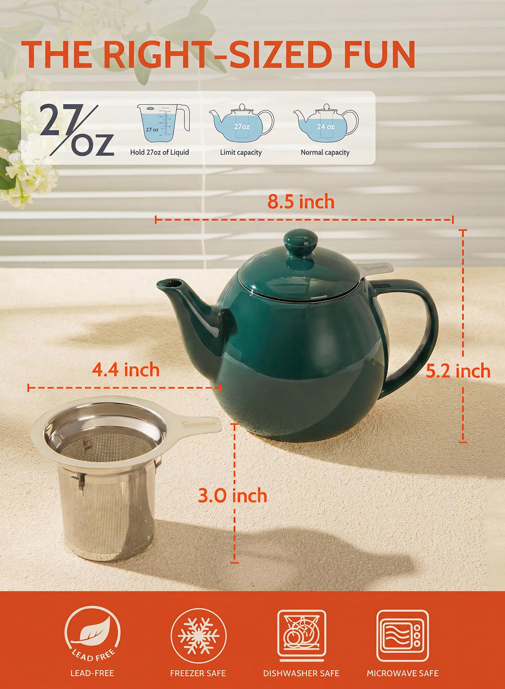 Sweese Porcelain Teapot 27 oz with Infuser for Loose Leaf Tea, Bluish Grey