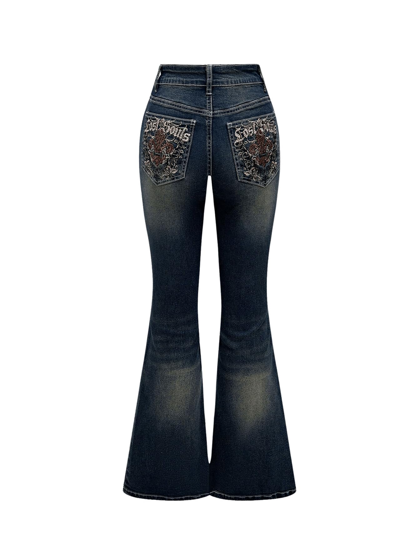 MakeMeChic Women's Bell Bottom Jeans Stretchy Flared Jeans Embroidered Y2K High Waist Denim Pants