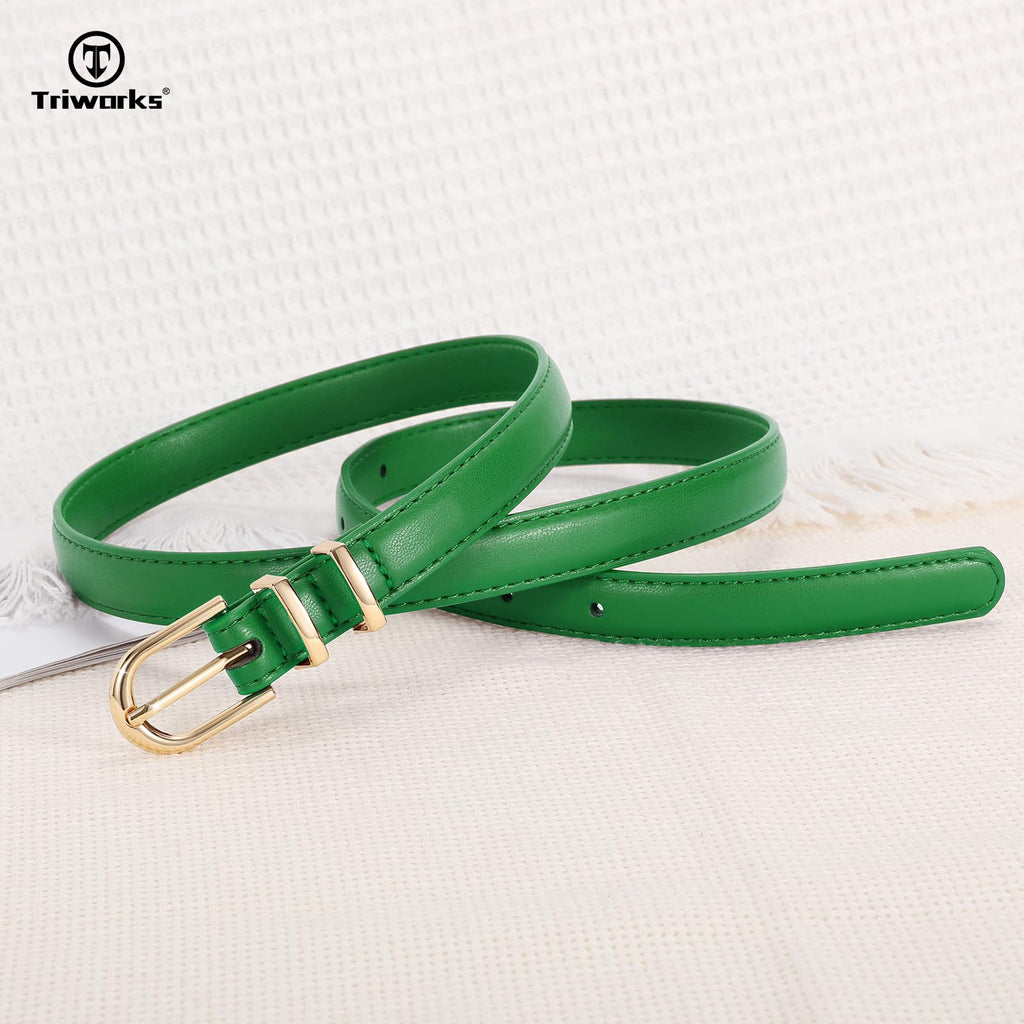 TRIWORKS 2 Pack Women Skinny Leather Belts for Jeans Pants Thin Faux Leather Belt with Gold Buckle