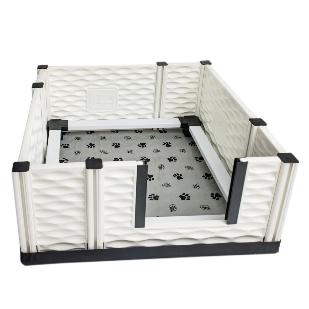 EZwhelp EZclassic Windowed 48"x48"x18" Whelping Box with Rails and Windowed Walls, Padded Dog Whelping Box, Black Pad