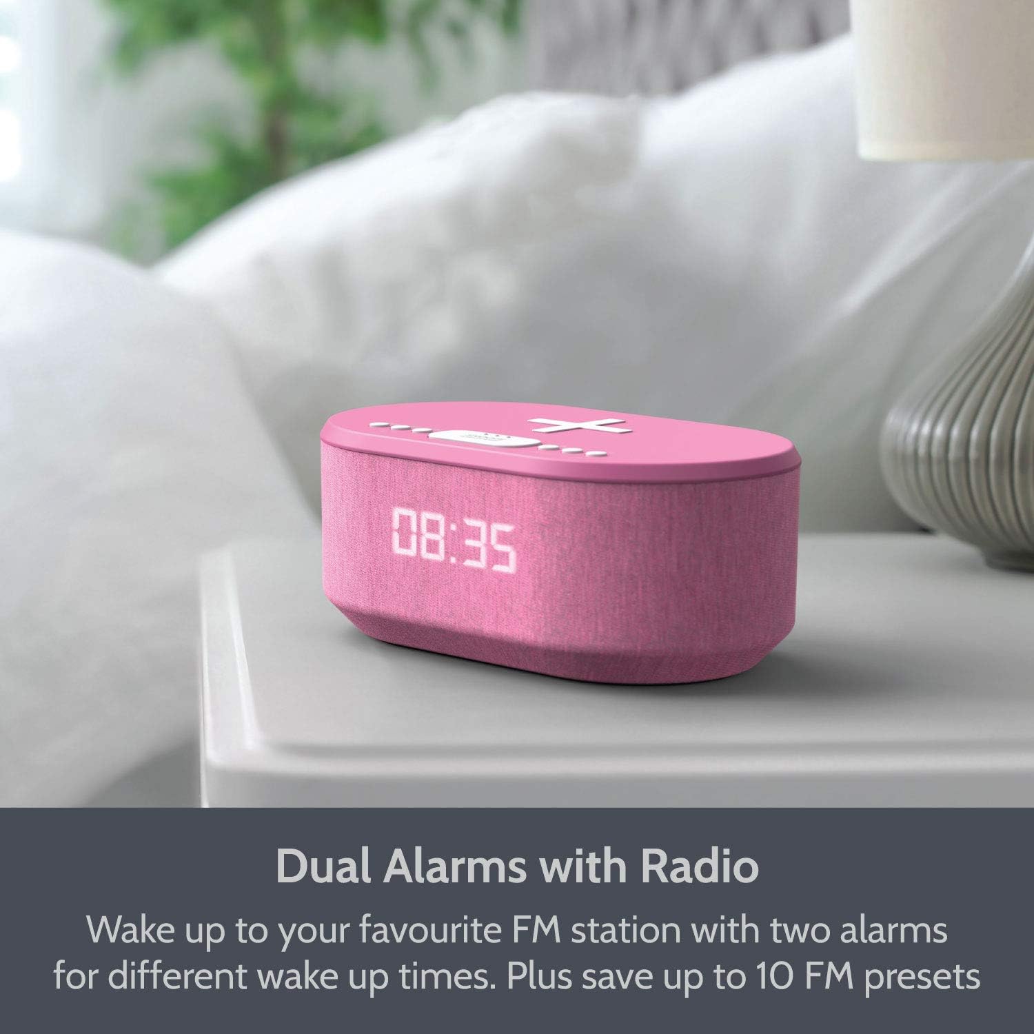 i-box Dawn, Alarm Clock Radio, Alarm Clocks for Bedrooms, FM Radio, Alarm Clock with Wireless Charging, Wireless Speakers with Bluetooth, Digital Alarm Clock, USB Port, Dimmable Night Light (Pink)