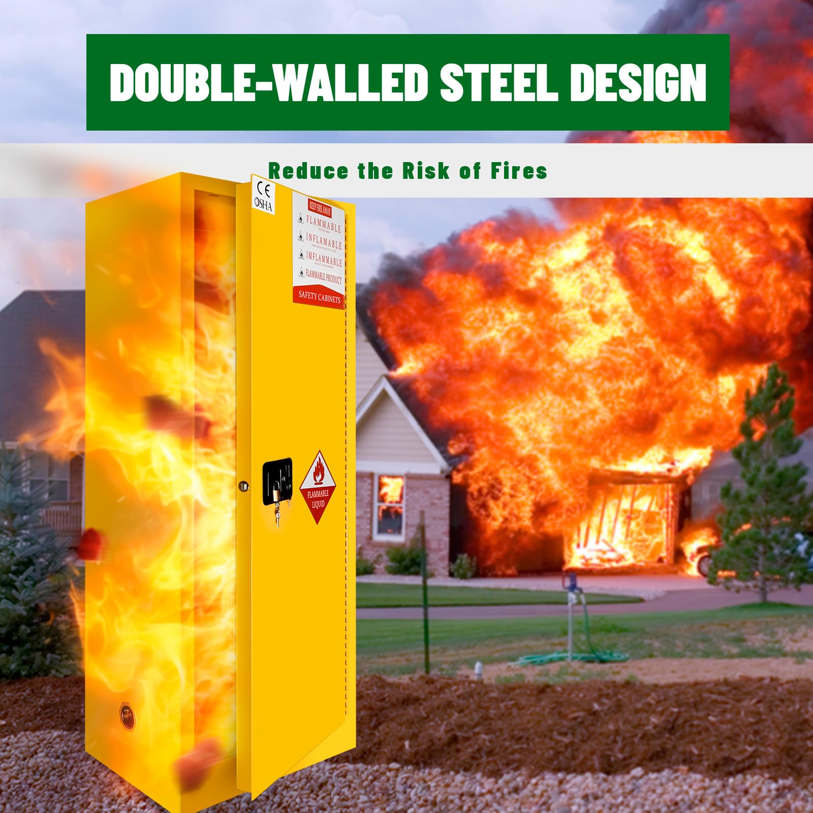16 Gallon Flammable Storage Cabinet 18"x18"x23", Galvanized Steel, Flammable Safety Cabinet with Adjustable Shelf, for Industrial and Home Use, Yellow
