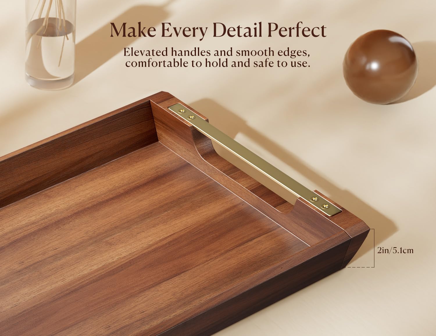 Acacia Wood Serving Tray with Metal Handles, 17x13in Food Drinks Tray for Coffee Table, Breakfast, Dinner & Bar, Rustic Decorative Storage Tray for Ottoman, Kitchen, Elegent Gift for Father