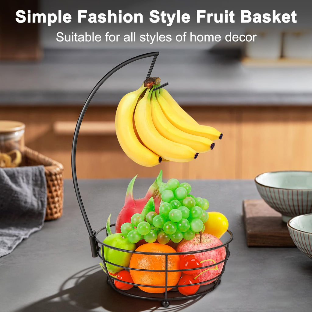 Livabber Countertop Fruit Basket Bowl with Banana Hanger, Modern Standing Fruit Vegetable Bowl Storage, with Banana Tree Holder for Kitchen Dinning Table (Round Marble, Black)