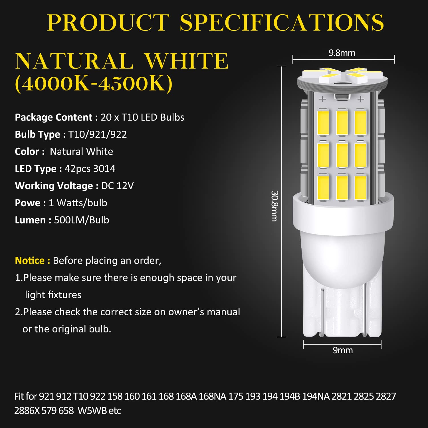 T10 921 194 168 LED Bulbs Cool White 20-Packs, Super Bright 3014 42-SMD LED Replacement 12 Volt RV Camper Trailer Boat Trunk Interior Dome Map License Lights, Backup Reverse Lights