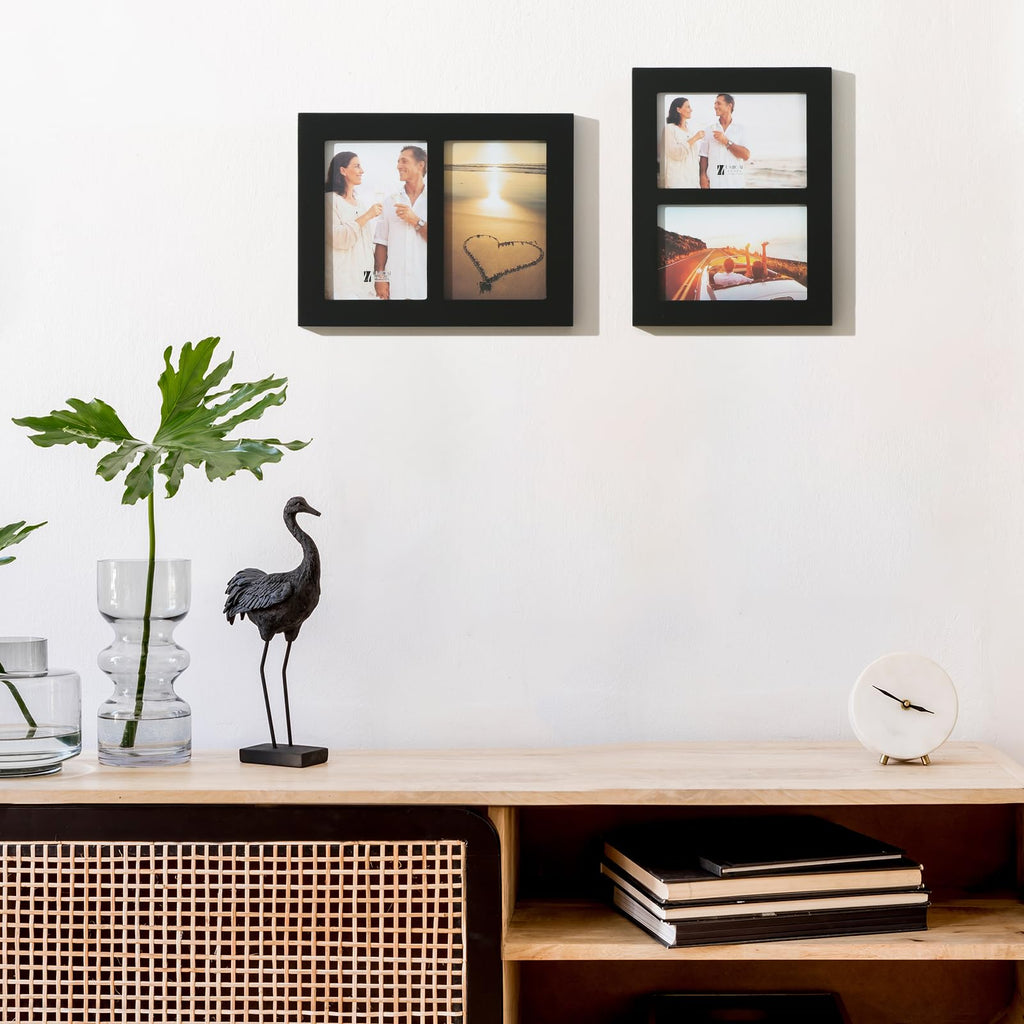 4x6 2-Opening Collage Frame Black Wood | Two 4x6 openings, shatter-resistant glass, tabletop & wall mount