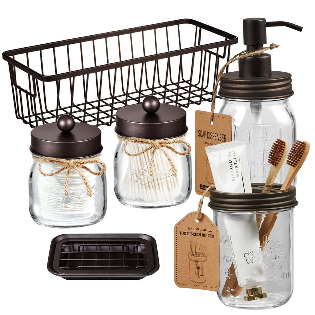 SheeChung 6Pcs Mason Jars Bathroom Accessories Set Complete - Toothbrush Holder, Lotion Soap Dispenser, 2 Mason Jars, Soap Dish, Toilet Paper Basket, Rustic Farmhouse Decor (Black, 6Pcs Bathroom Set)