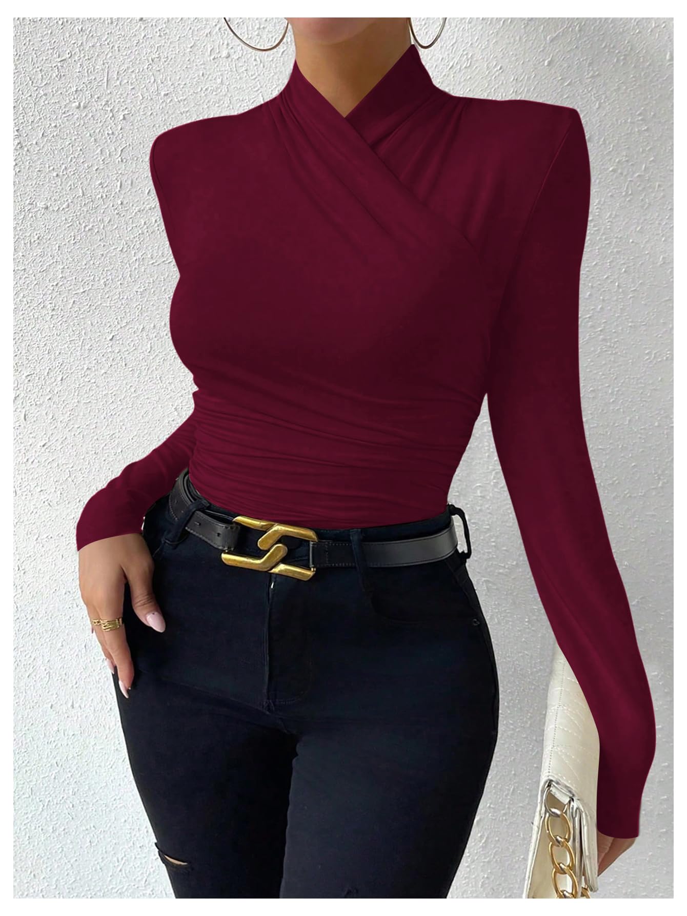 SweatyRocks Women's Ruched Mock Neck Long Sleeve T Shirt Solid Slim Fitted Tee Tops