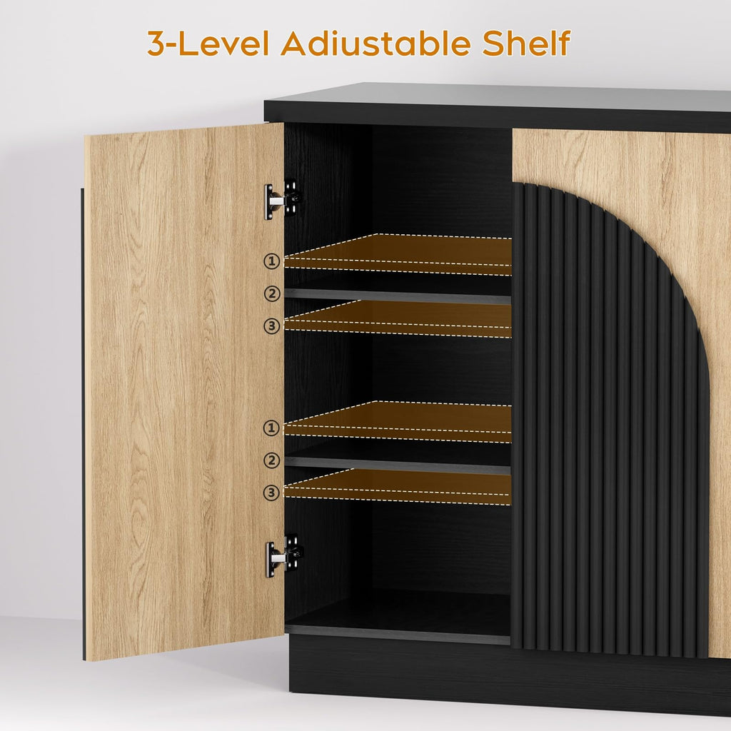Yechen 55" Fluted Sideboard Buffet Cabinet with Storage, Wood Mid Century Modern Credenza Cabinet w/Arched Reeded Doors & Adjustable Shelves for Kitchen, Living Room, Entryway