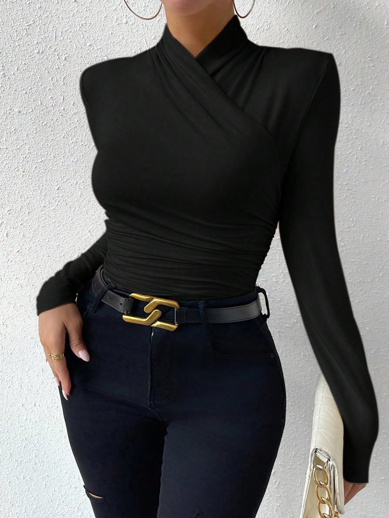 SweatyRocks Women's Ruched Mock Neck Long Sleeve T Shirt Solid Slim Fitted Tee Tops