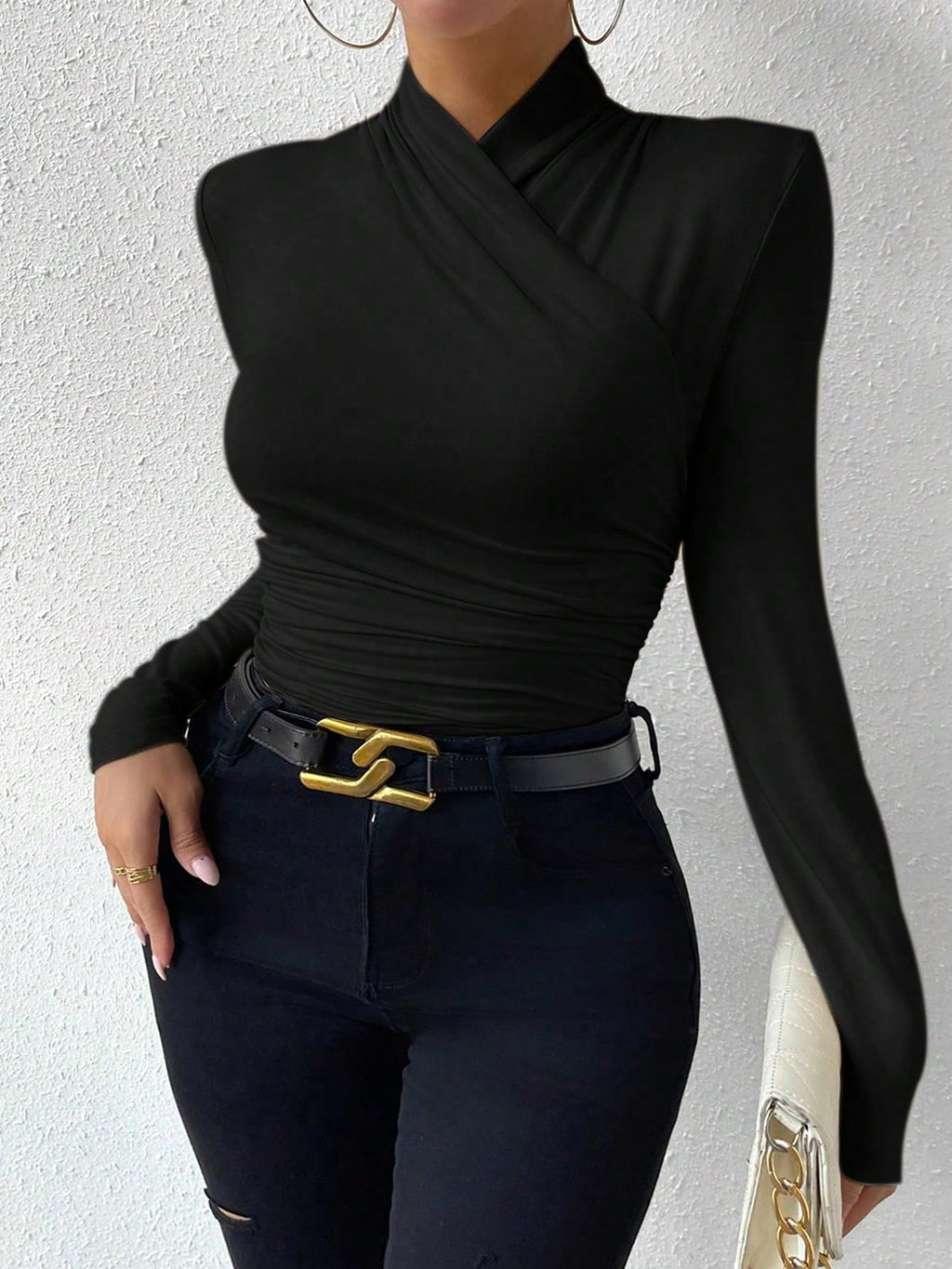 SweatyRocks Women's Ruched Mock Neck Long Sleeve T Shirt Solid Slim Fitted Tee Tops