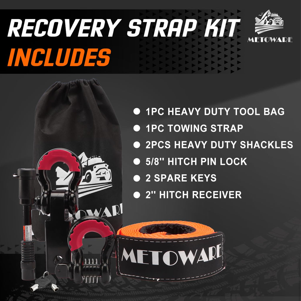 METOWARE Recovery Tow Strap Kit 3" x 20ft, Heavy Duty Recovery Strap 35,000lbs Break Strength with 3/4" D Ring Shackles(2pcs) & Storage Bag, Emergency Off Road Towing Rope for SUV, UTV, ATV, Truck